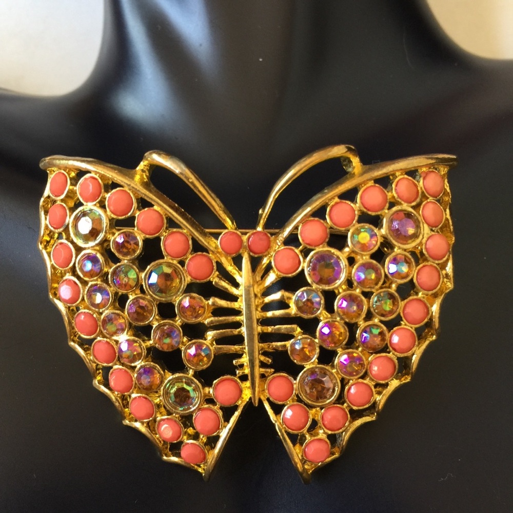 Vintage Coral and AB Rhinestone Butterfly Brooch